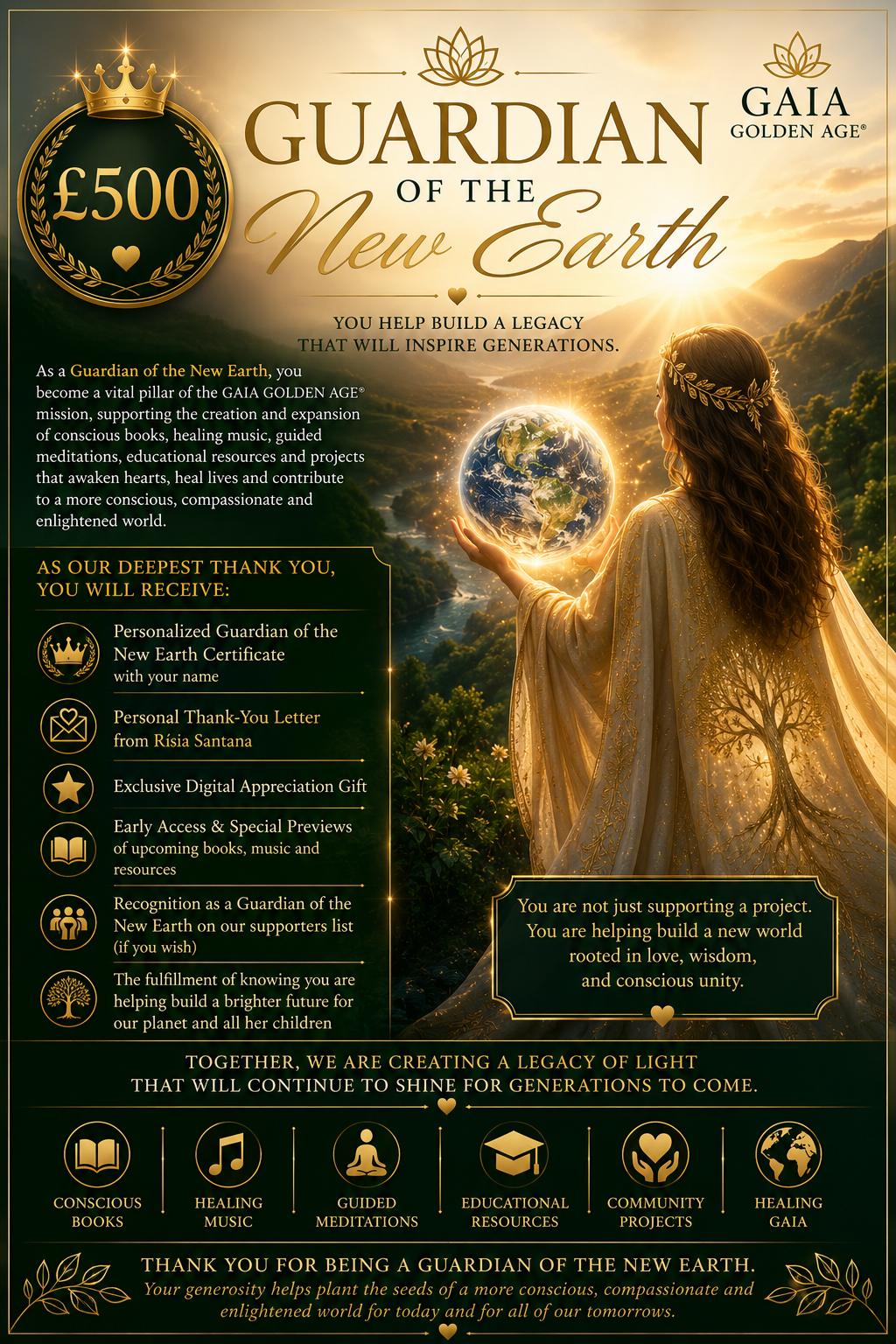 👑 Guardian of the New Earth  £500— Your vision helps illuminate the path toward a more compassionate future.